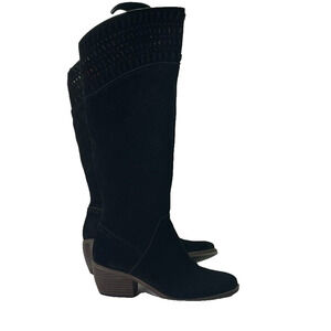 Lucky Brand Boots Womens 7 Kaeliya Knee High Black Suede Western Heel Side Zip